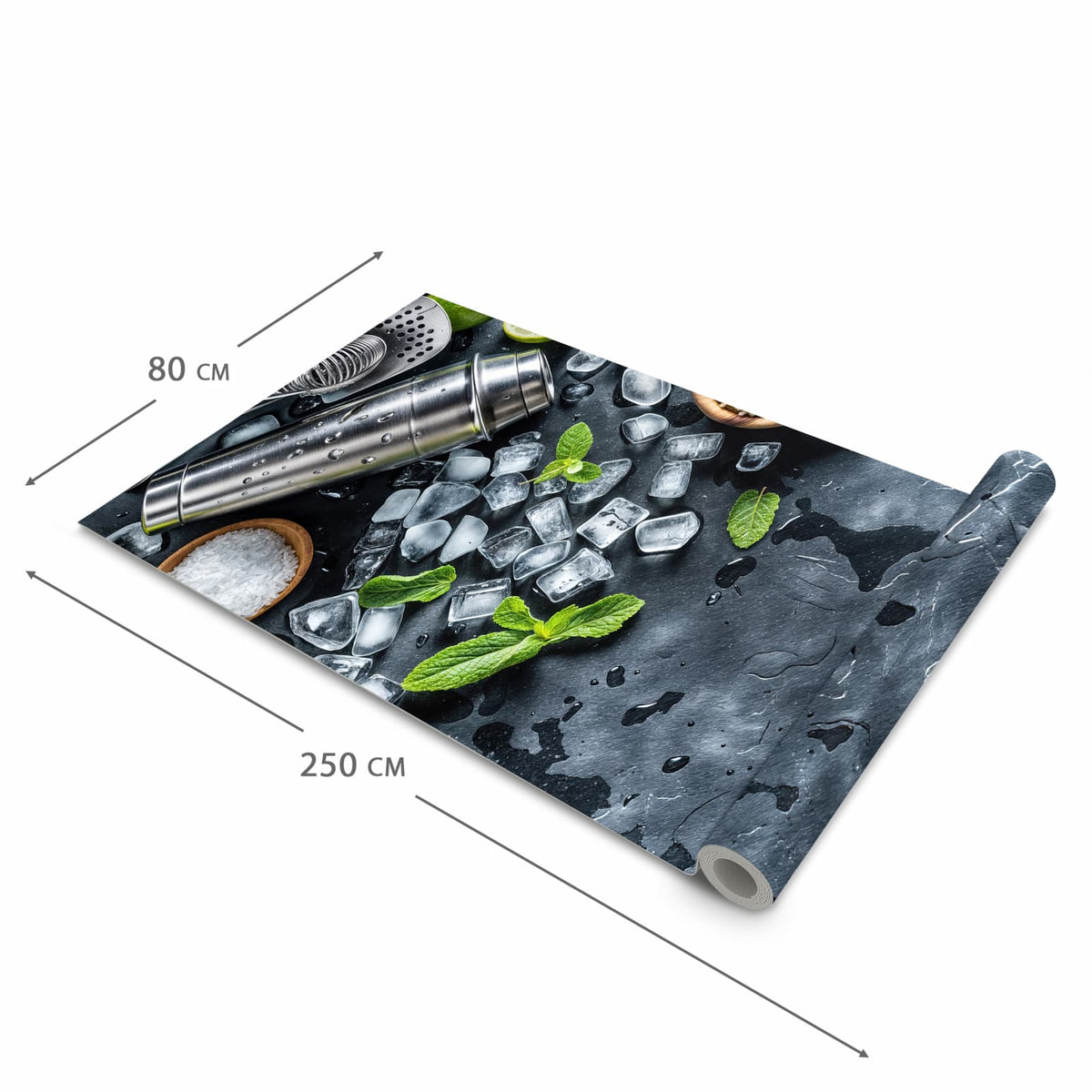 Bodenschonender Teppich fürs Esszimmer mit Motiv Cocktail Zutaten in der Größe 60x240 cm