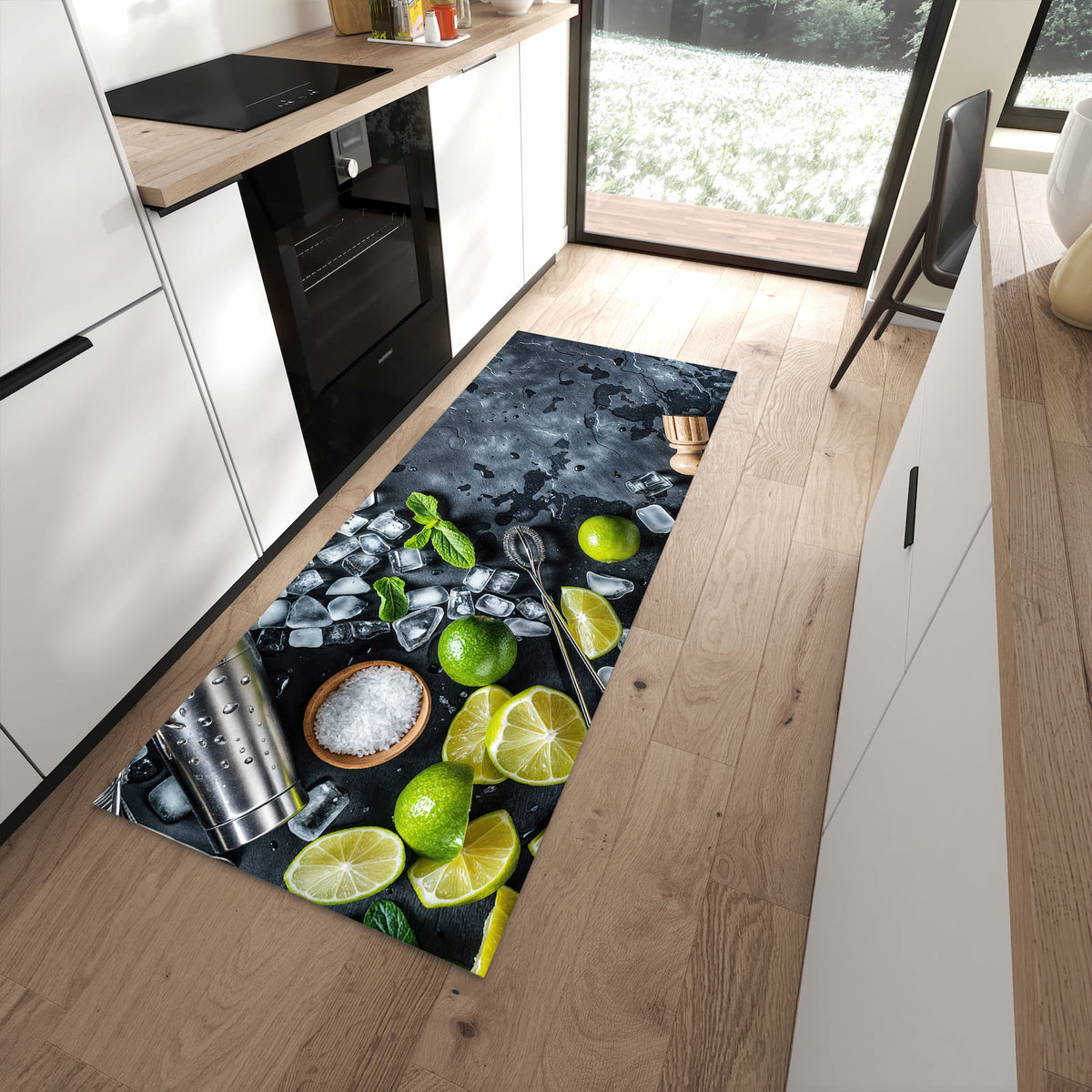 Abriebfester Küchenteppich mit Motiv Cocktail Zutaten in moderner Küche