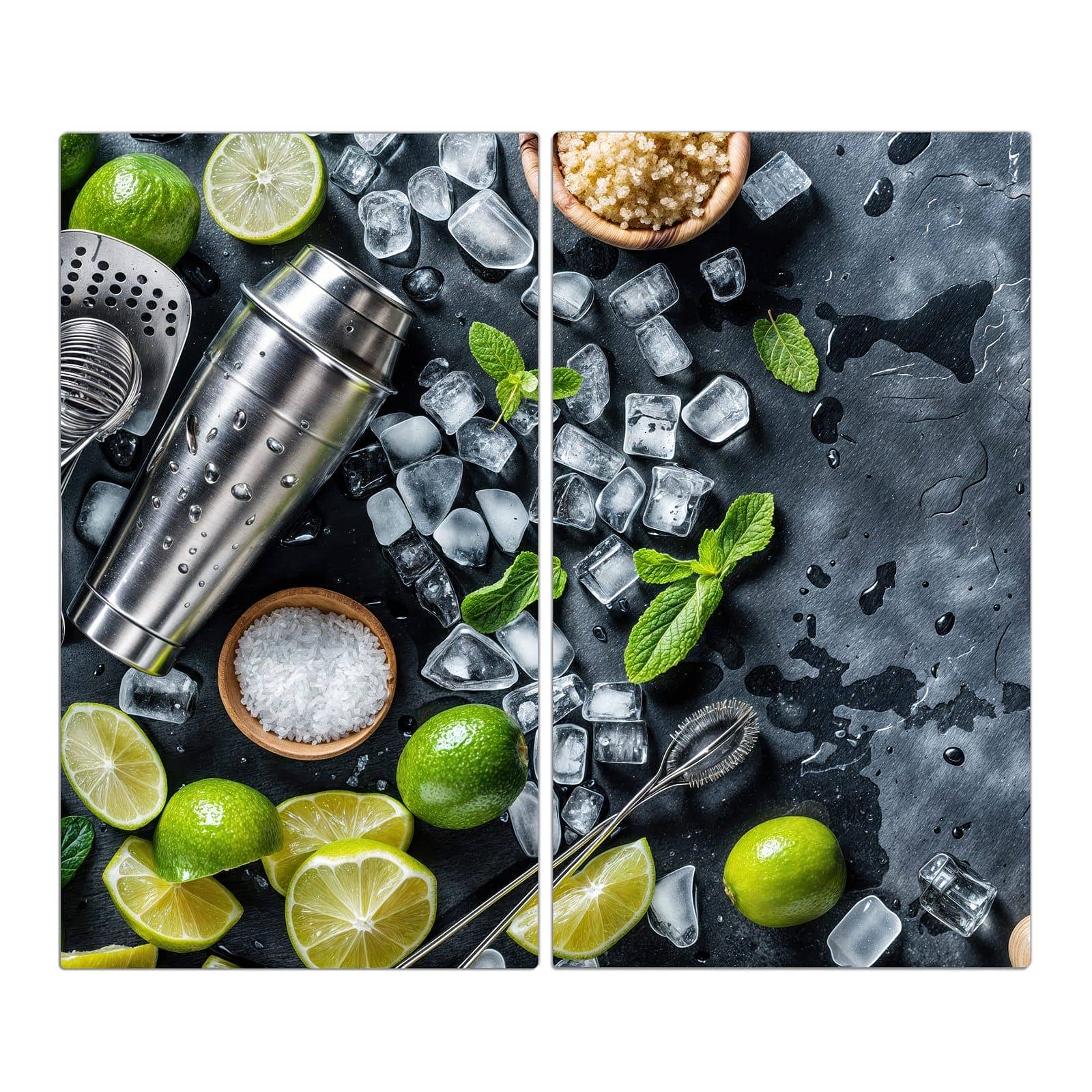 2-teilige Herdabdeckplatten mit Cocktail Zutaten-Motiv in der Frontansicht #grösse_2-Teilig (60x52cm)