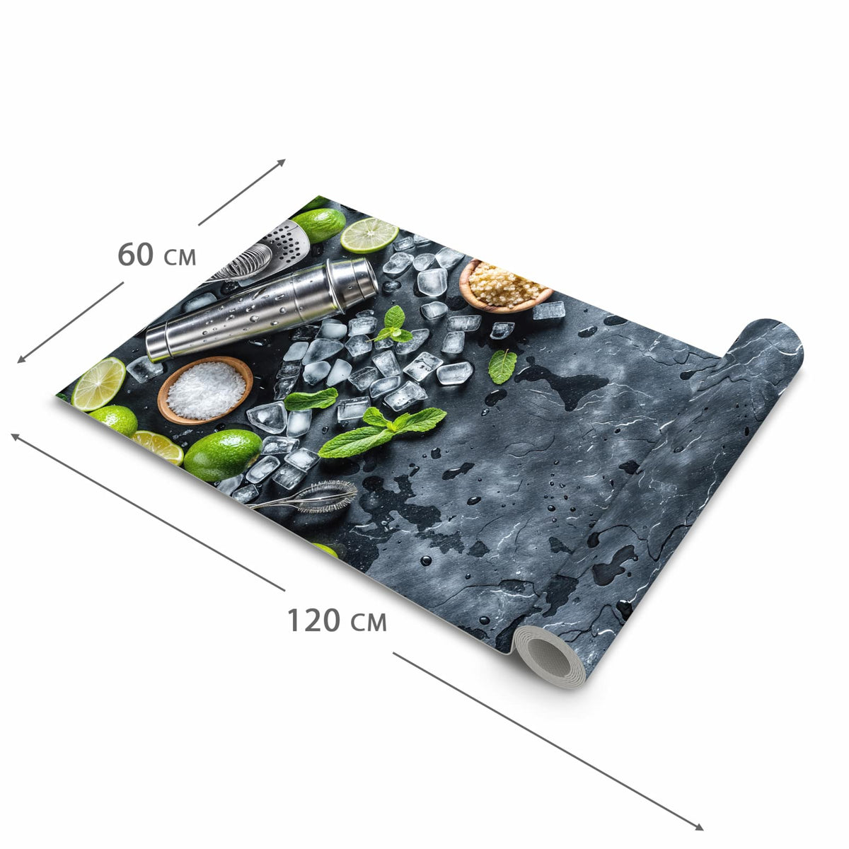 Waschbarer Küchenläufer mit Motiv Cocktail Zutaten in der Grösse 60x240 cm