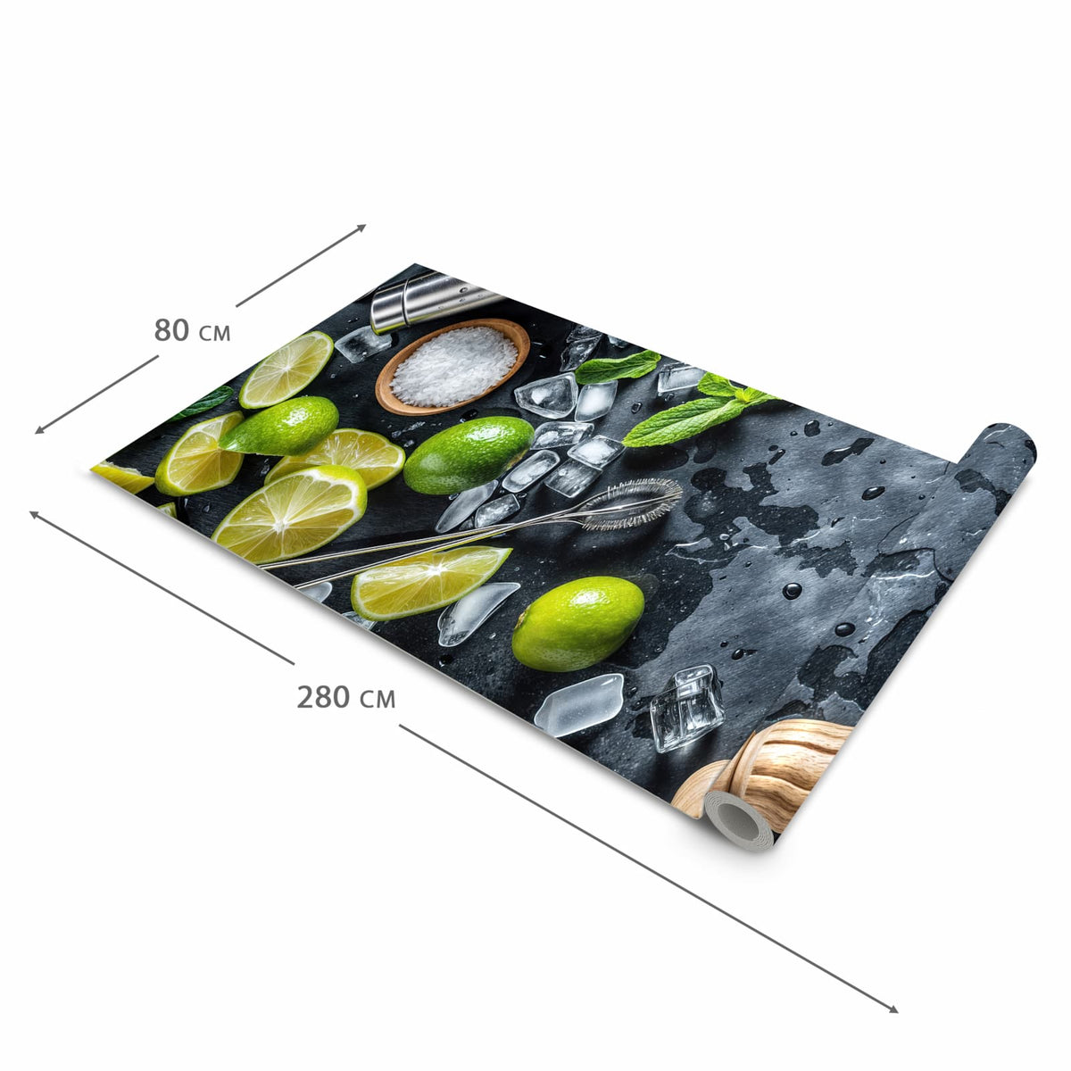 Waschbarer Küchenteppich mit Motiv Cocktail Zutaten in der Größe 60x240 cm für Ordnung