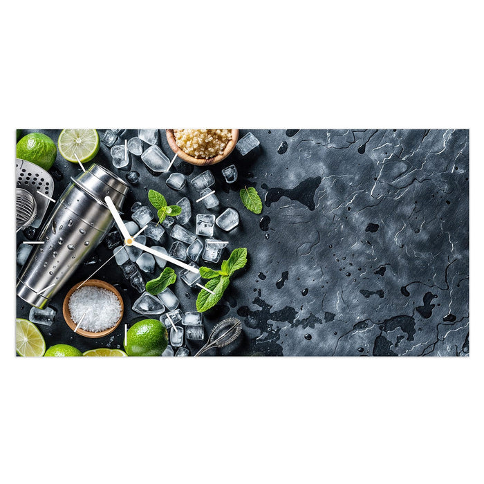 Wanduhr Cocktail Zutaten aus Glas – Querformat 60 × 30 cm mit Ziffernblatt Linie