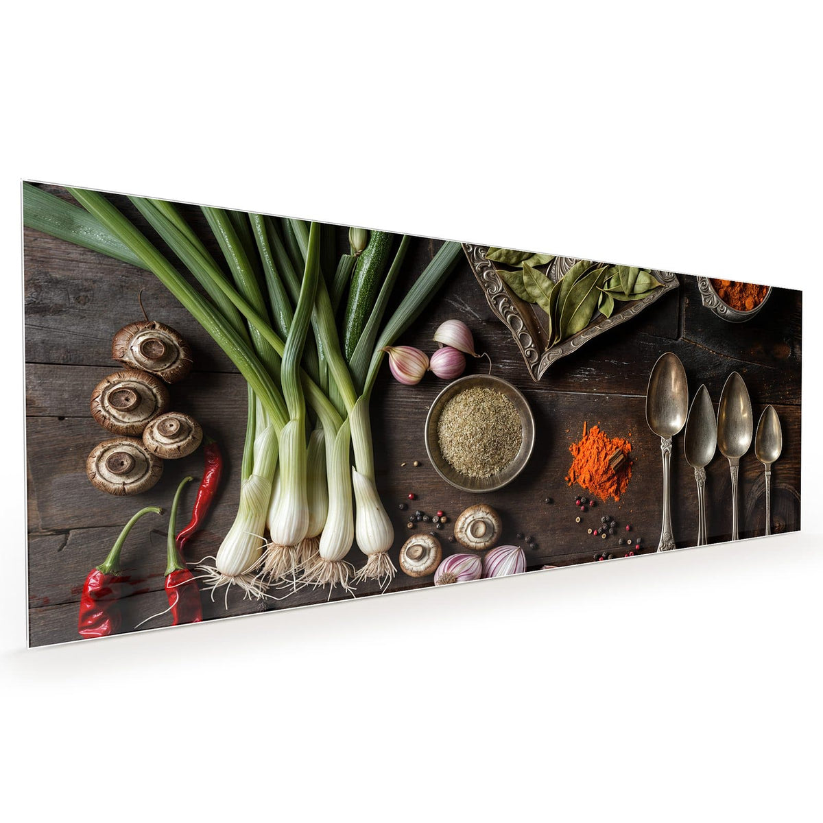Küchenrückwand aus Glas im Hochformat mit Motiv Gemüse und Gewürze: Dunkles Holz mit Frühlingszwiebeln, Zucchini, Champignons, roten Chilis, Knoblauch