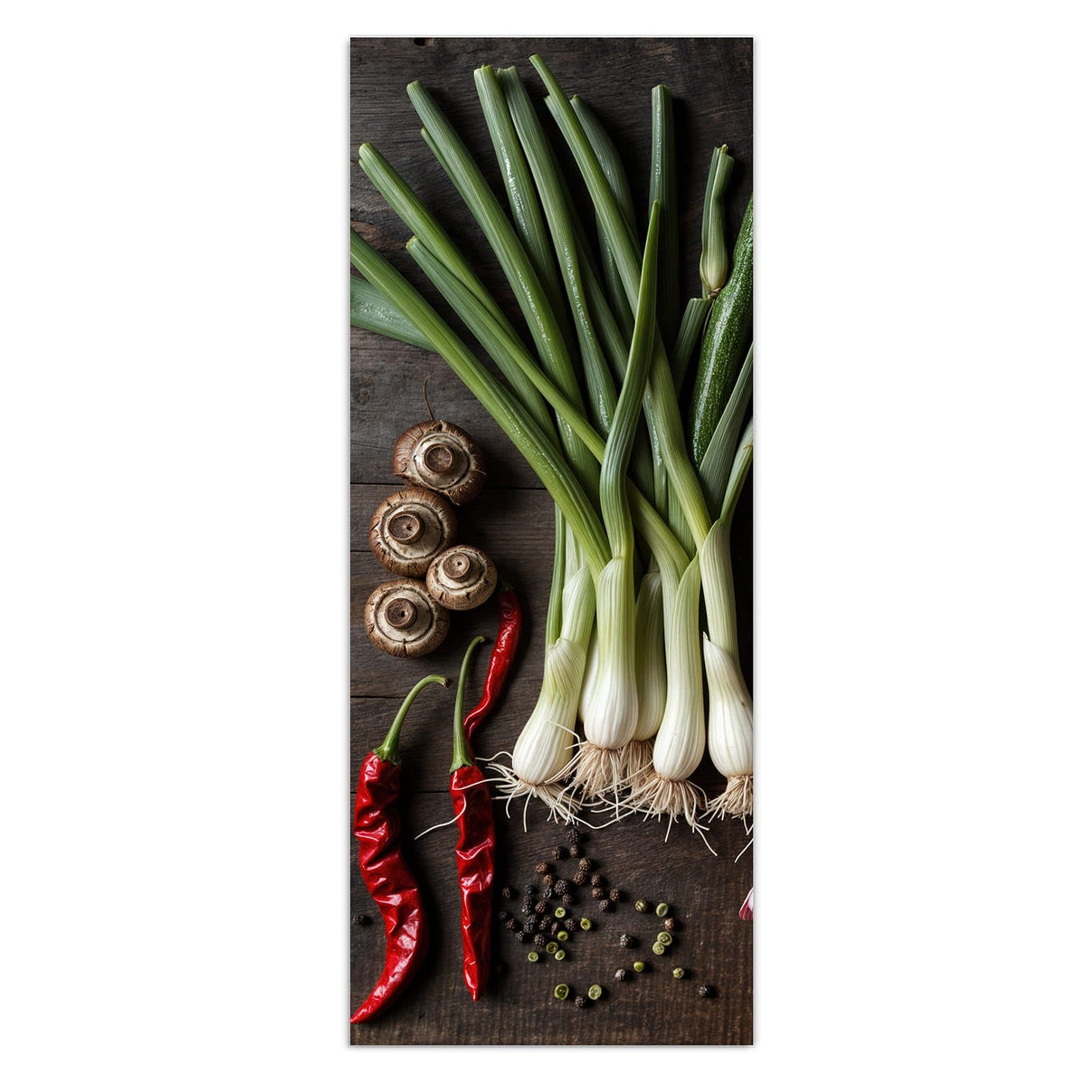 Wandbild - Gemüse und Gewürze - Hochformat – Frühlingszwiebeln, Chilis und Knoblauch