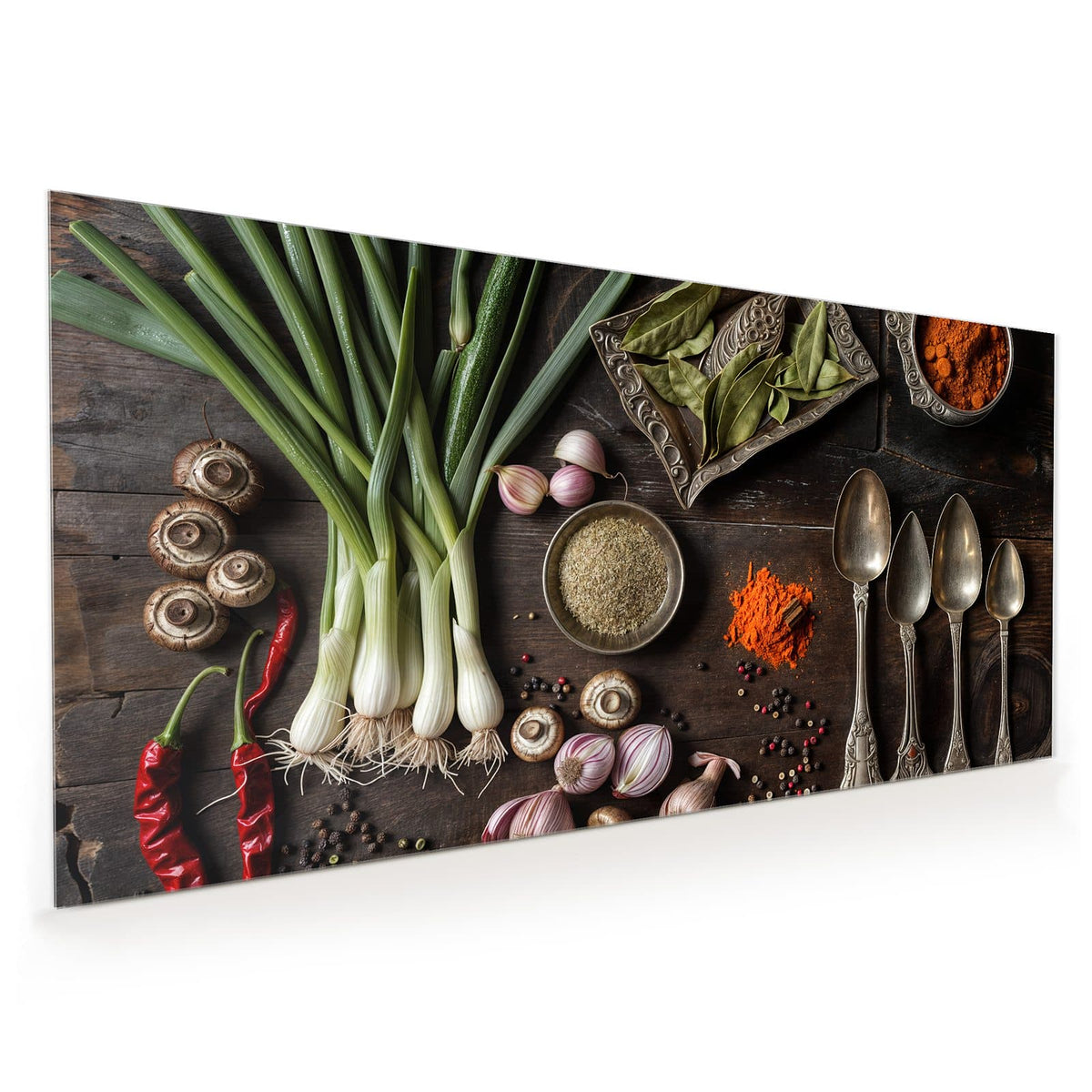 Küchenrückwand aus Glas im Hochformat mit Motiv Gemüse und Gewürze: Dunkles Holz mit Frühlingszwiebeln, Zucchini, Champignons, roten Chilis, Knoblauch