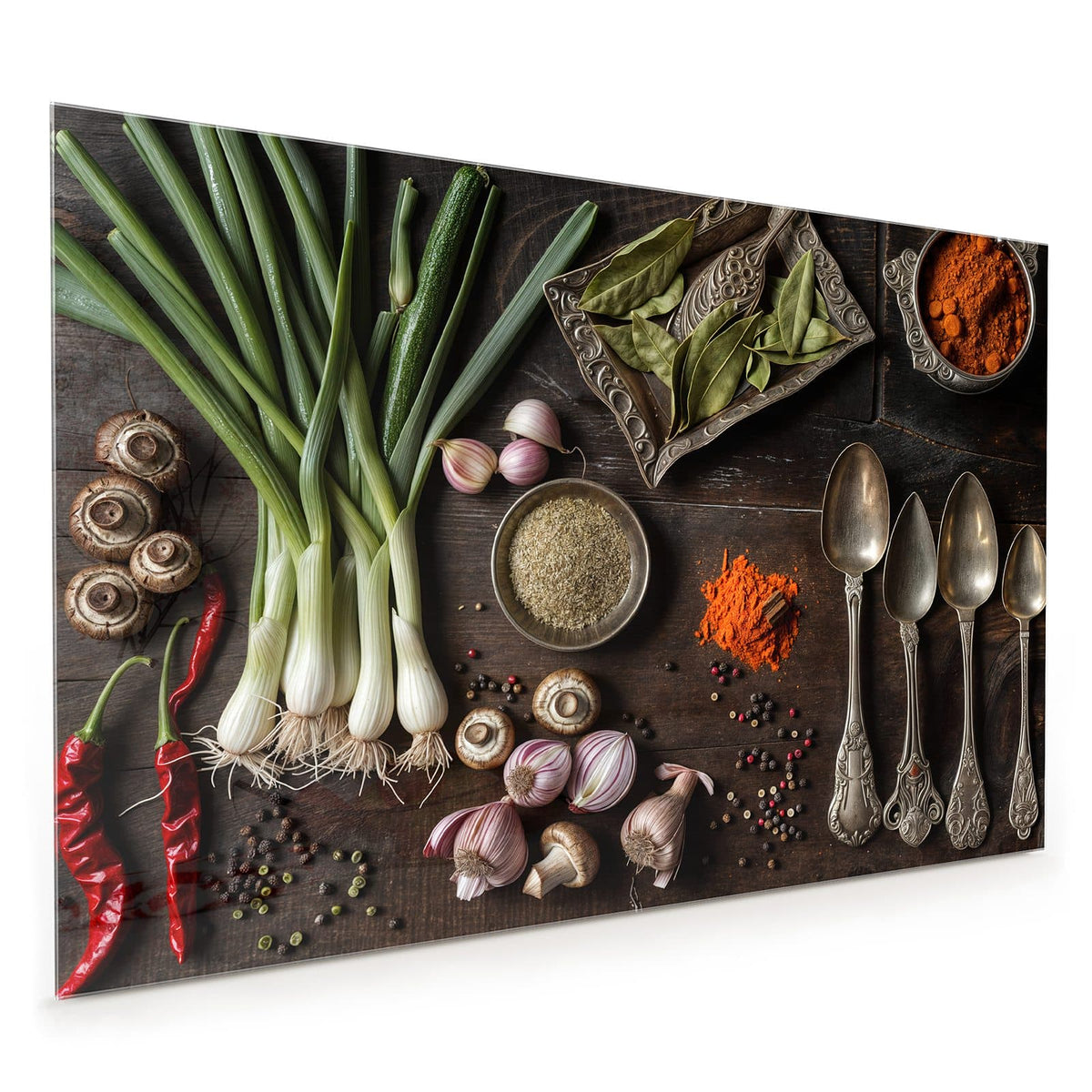 Küchenrückwand aus Glas im Hochformat mit Motiv Gemüse und Gewürze: Dunkles Holz mit Frühlingszwiebeln, Zucchini, Champignons, roten Chilis, Knoblauch