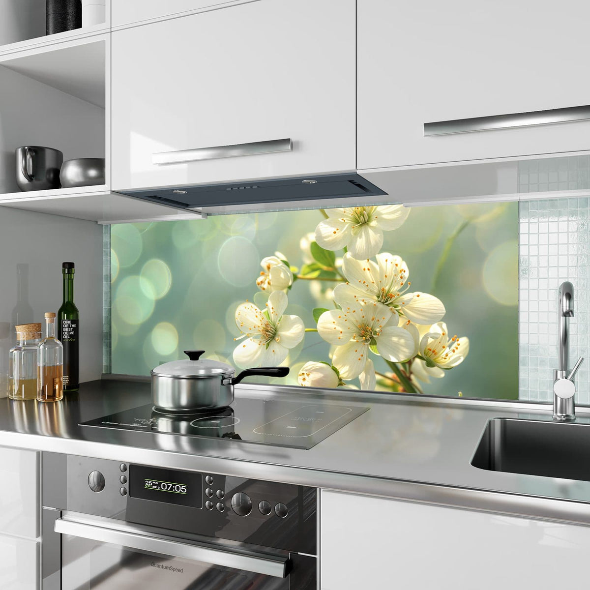 Küchenrückwand aus Glas Weiße Blüten vor Grün im Hochformat als Spritzschutz hinter dem Kochfeld, über dem Fliesenspiegel montiert