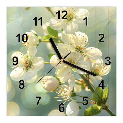 Wanduhr Quadratisch mit dem Motiv Weiße Blüten vor Grün