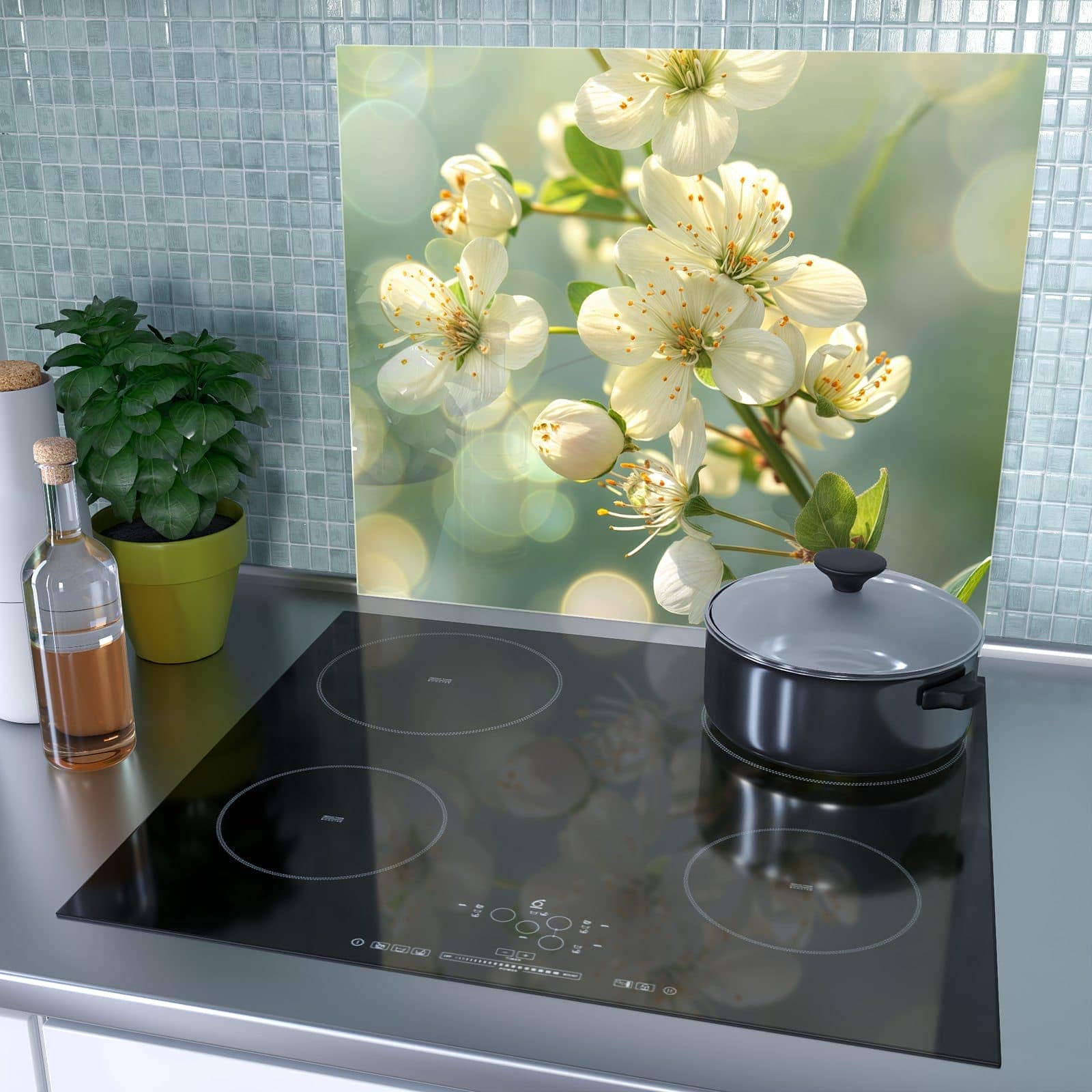 1-teilige Herdabdeckplatte mit Frühlingserwachen-Motiv als Spritzschutz hinter dem Kochfeld