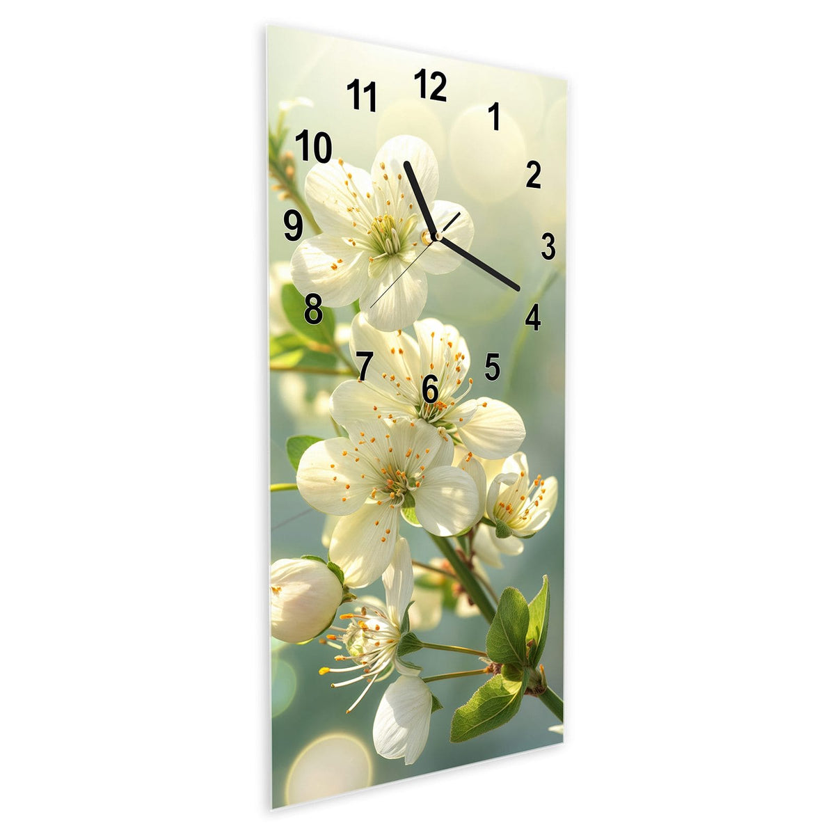 Wanduhr aus Glas im Hochformat Weiße Blüten vor Grün schräg von der Seite, 4 mm starkes Glas
