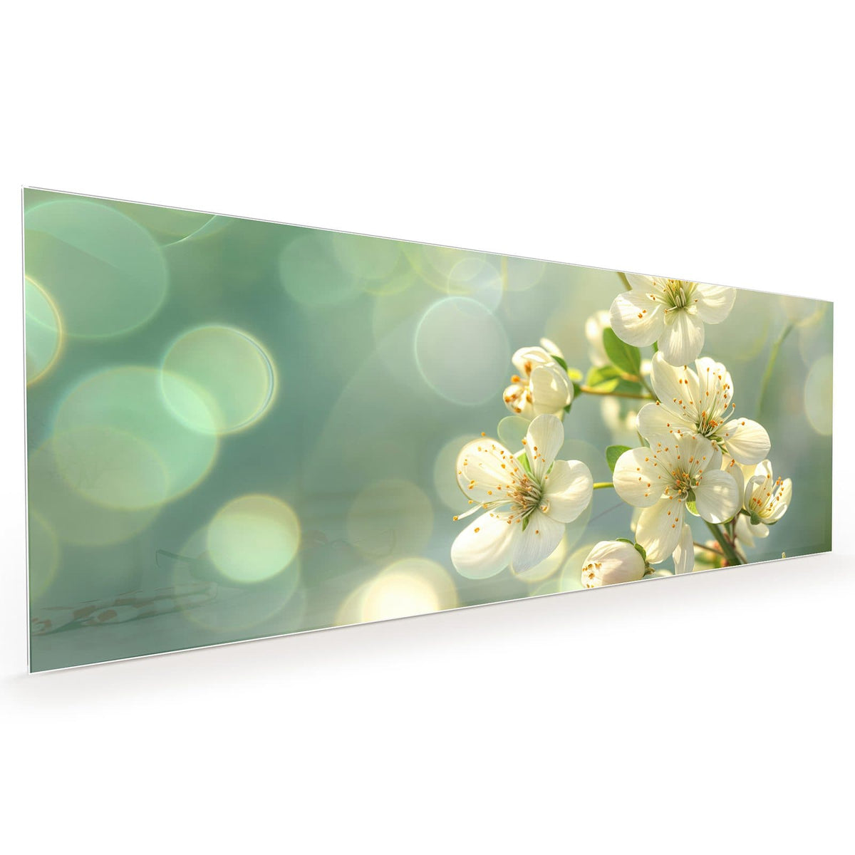 Küchenrückwand aus Glas im Hochformat: Weiße Blüten mit gelben Staubgefäßen vor mintgrünem Bokeh