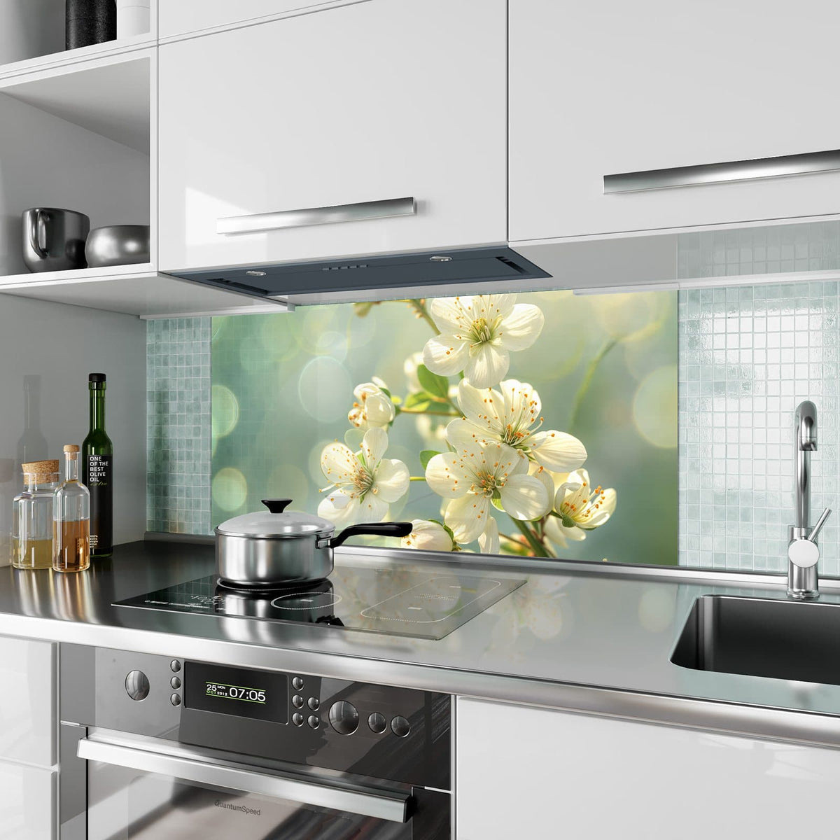 Küchenrückwand aus Glas Weiße Blüten vor Grün im Hochformat als Spritzschutz hinter dem Kochfeld, über dem Fliesenspiegel montiert