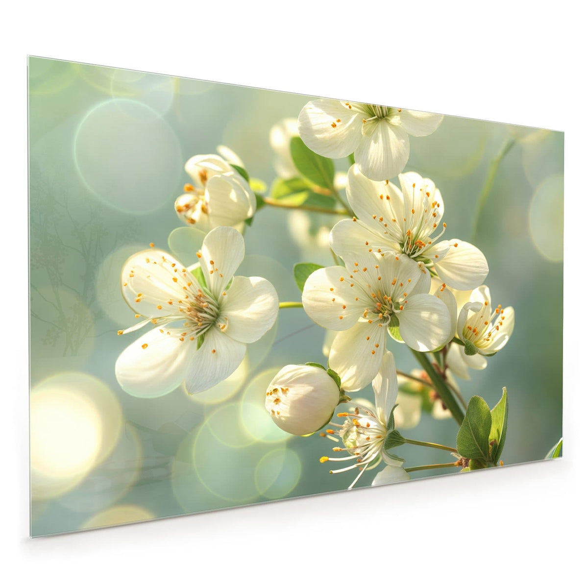 Küchenrückwand aus Glas im Hochformat: Weiße Blüten mit gelben Staubgefäßen vor mintgrünem Bokeh