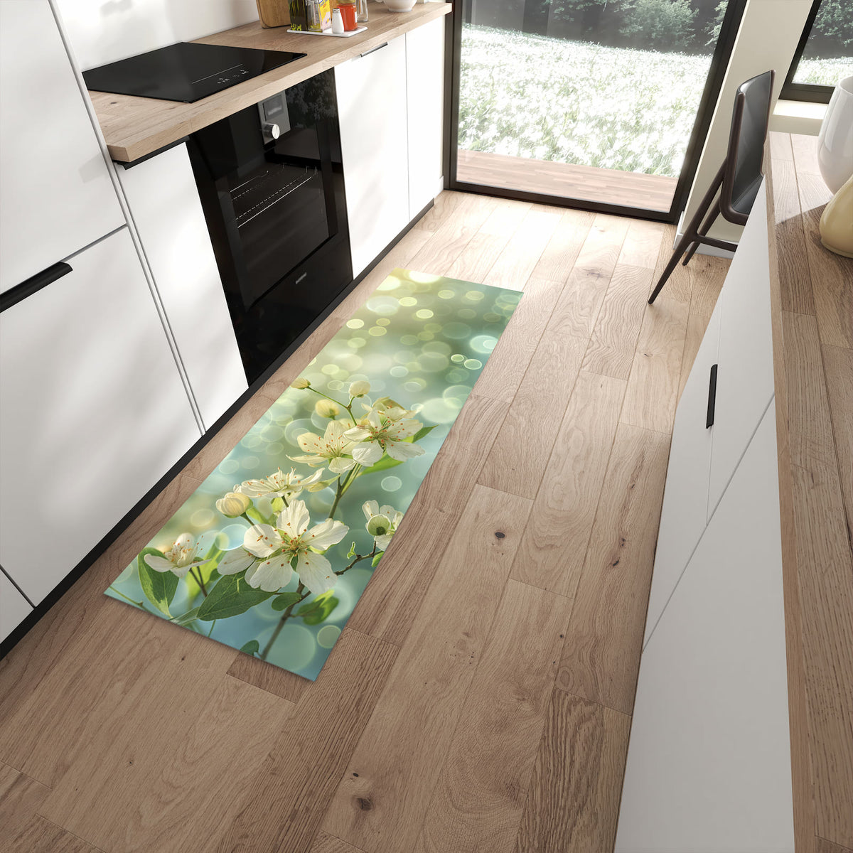 Küchenteppich Frühlingserwachen 60 × 180 cm vor der Küchenzeile auf hellem Holzboden