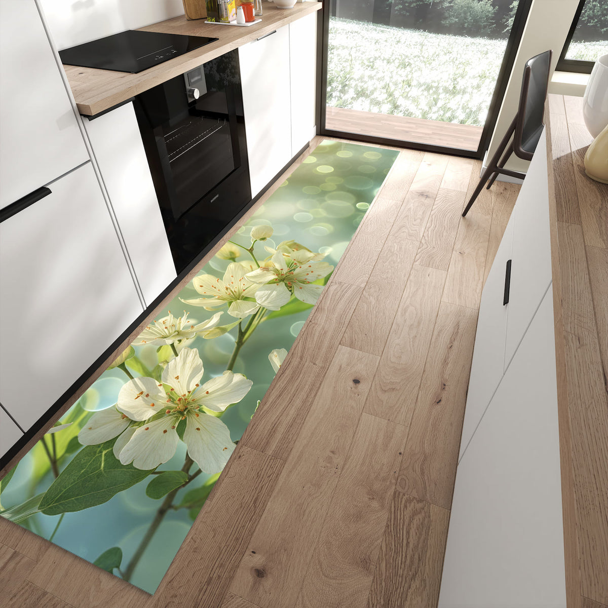 Küchenteppich Frühlingserwachen 60 × 300 cm vor der Küchenzeile auf hellem Holzboden