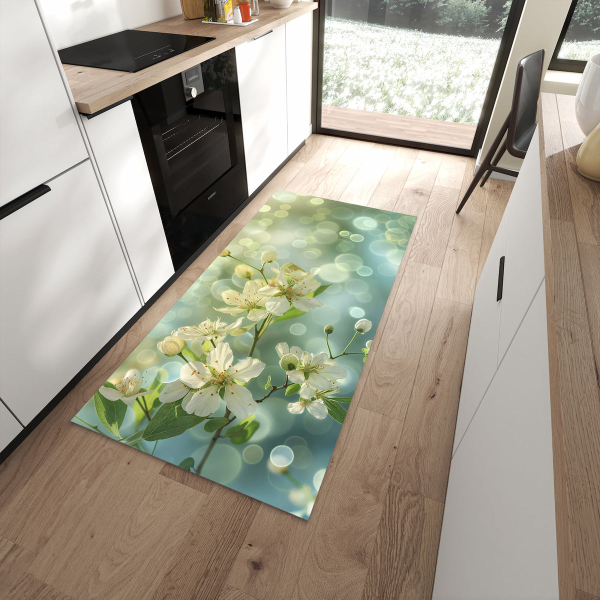 Küchenteppich Frühlingserwachen 90 × 180 cm vor der Küchenzeile auf hellem Holzboden