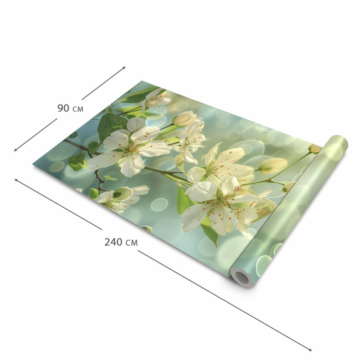 Küchenläufer Frühlingserwachen halb aufgerollt mit Maßangaben: Gesamtgröße 90 × 240 cm