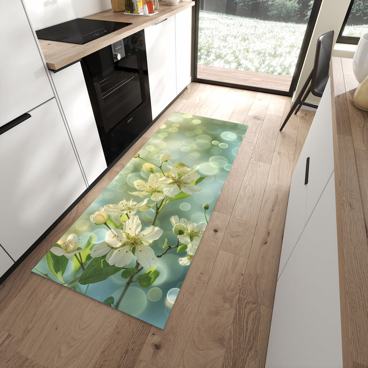 Küchenteppich Frühlingserwachen 80 × 200 cm vor der Küchenzeile auf hellem Holzboden