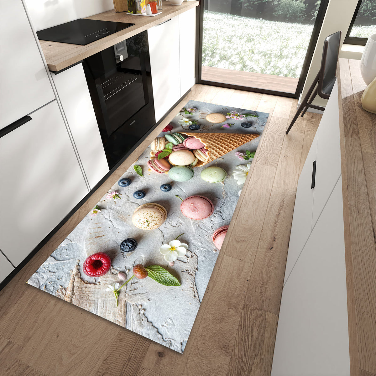 Bodenschonender langer Teppich mit Motiv Macarons im Sommer in moderner Küche