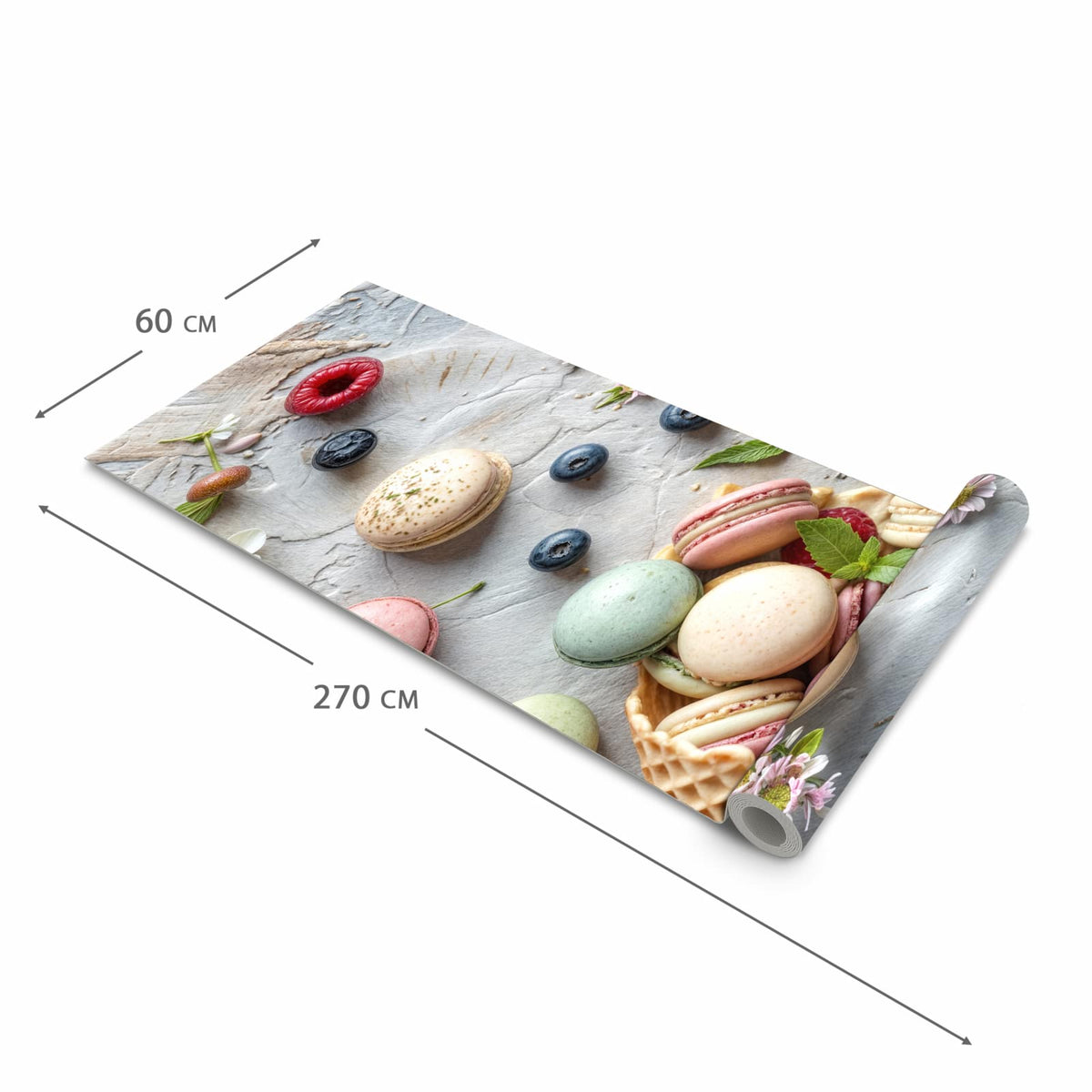Schmutzabweisender waschbarer Küchenteppich mit Motiv Macarons im Sommer in der Grösse 60x150 cm
