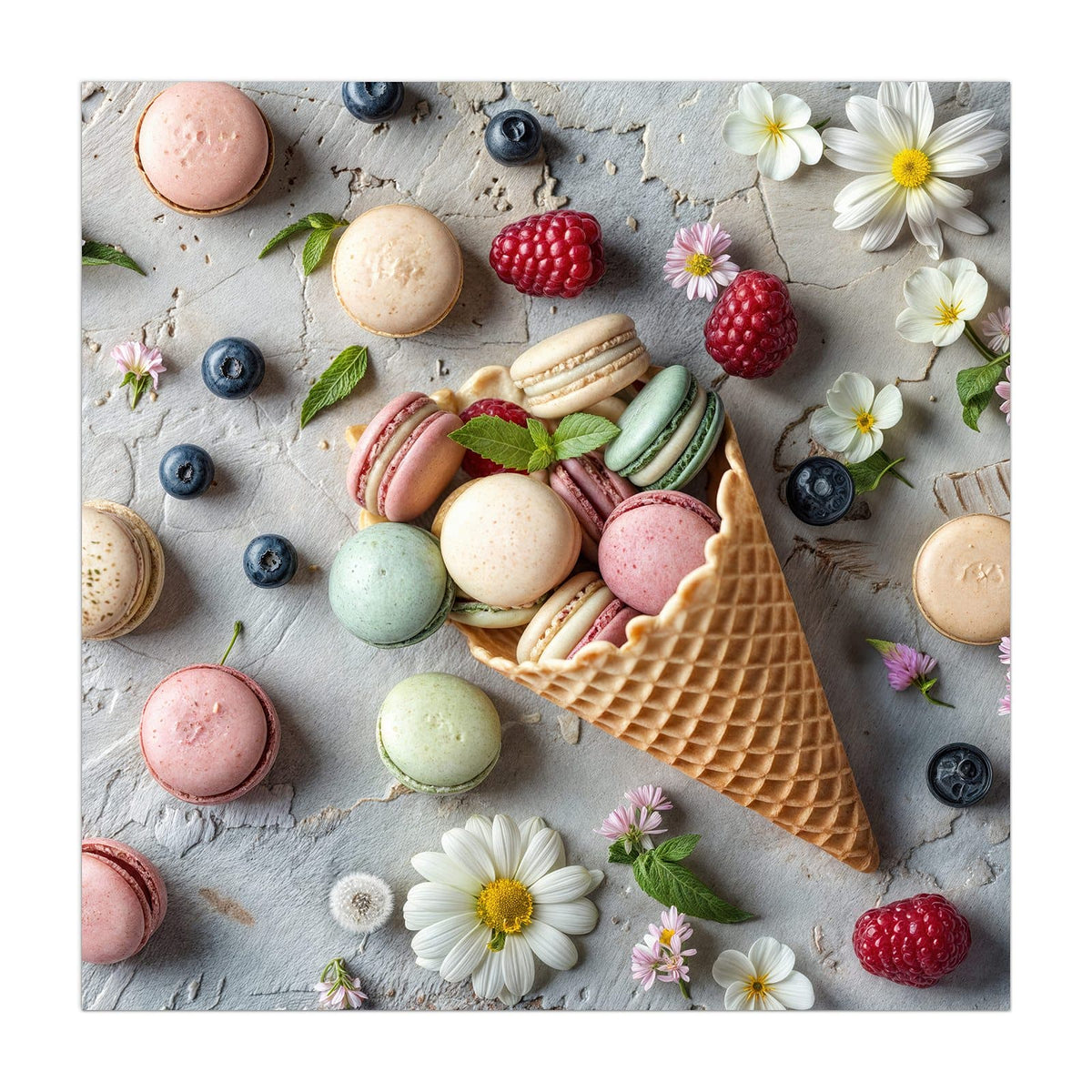 Küchenrückwand aus Glas Macarons in der Waffel im quadratischen Format, Motiv bildfüllend von vorn #grösse_40 x 40 cm #grösse_50 x 50 cm #grösse_60 x 60 cm