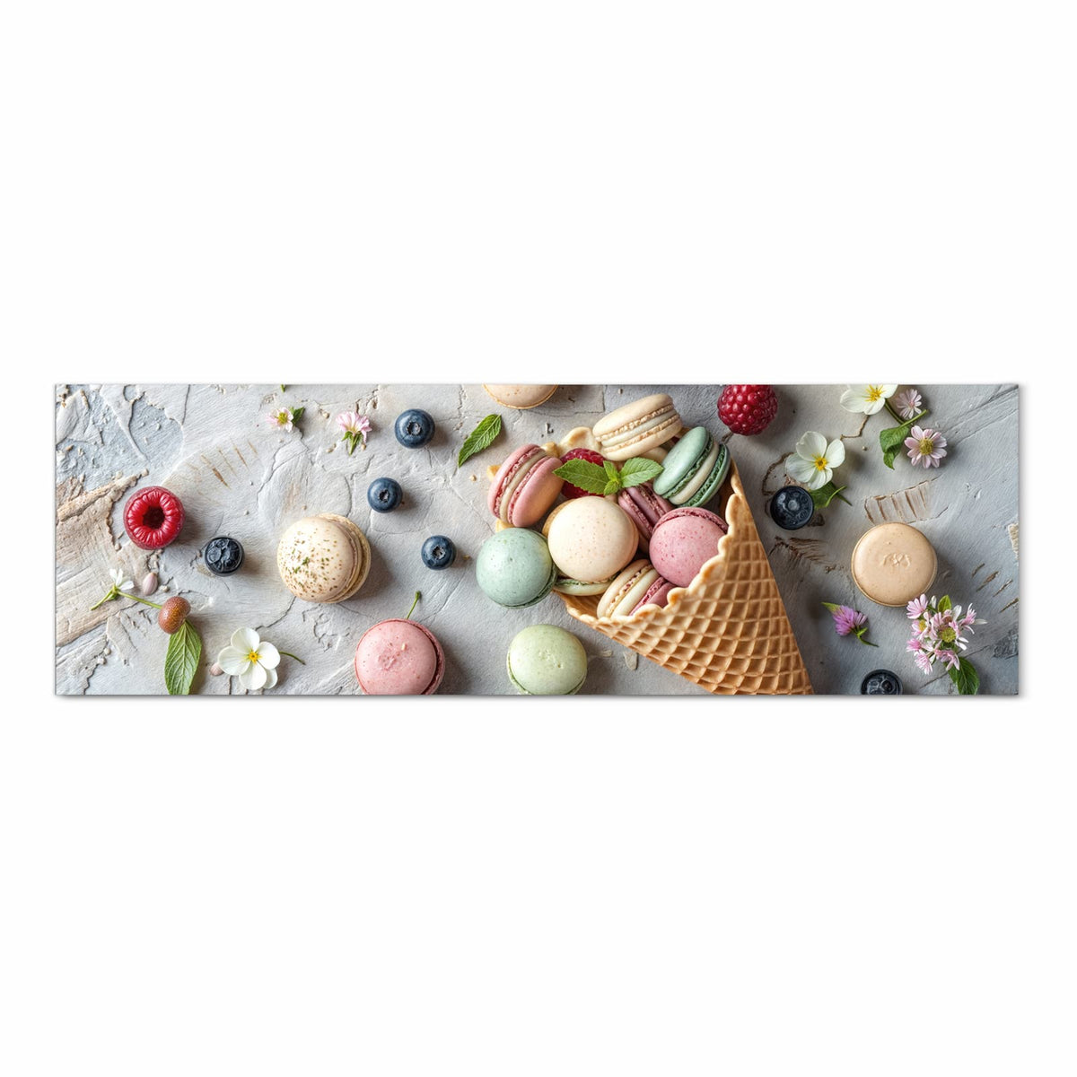 Zeitsparender Küchenteppich mit Motiv Macarons im Sommer in Frontansicht