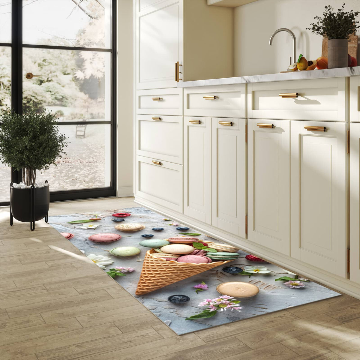 Bodenschonender Küchenteppich mit Motiv Macarons im Sommer in heller Küche