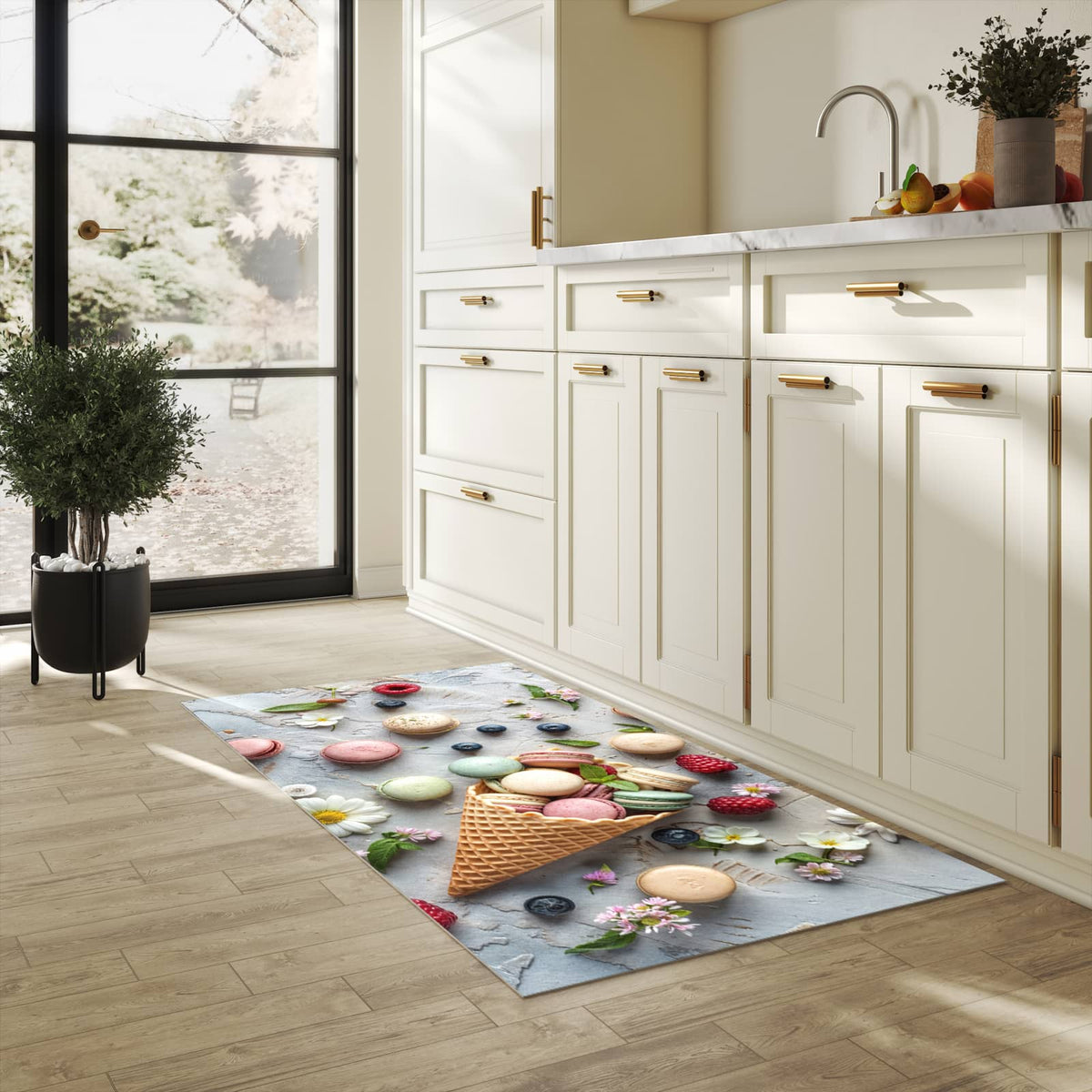 Küchenteppich mit Motiv Macarons im Sommer für Ordnung & Übersicht in heller Küche