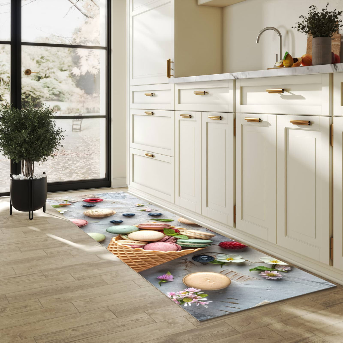 Feuchtigkeitsresistenter Teppich für die Küche mit Motiv Macarons im Sommer in heller Küche
