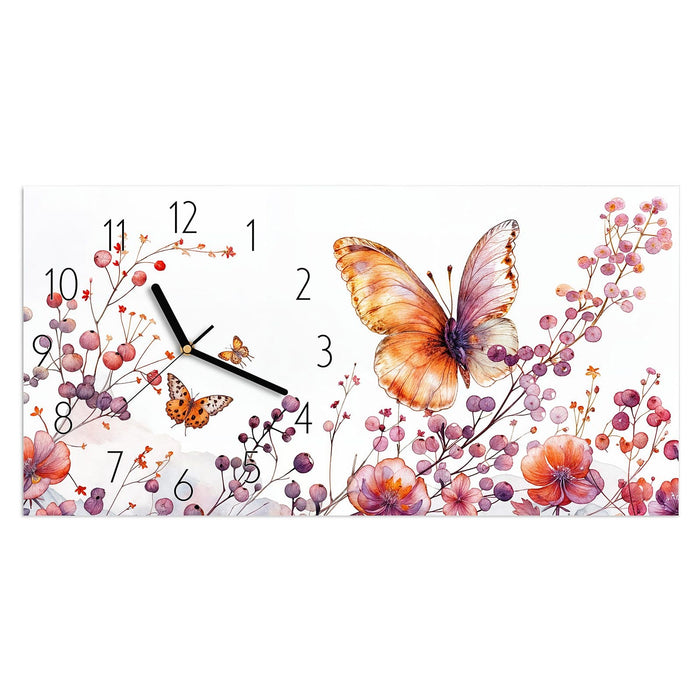 Wanduhr Blumen und Schmetterlinge aus Glas – Querformat 60 × 30 cm mit Ziffernblatt Elegant