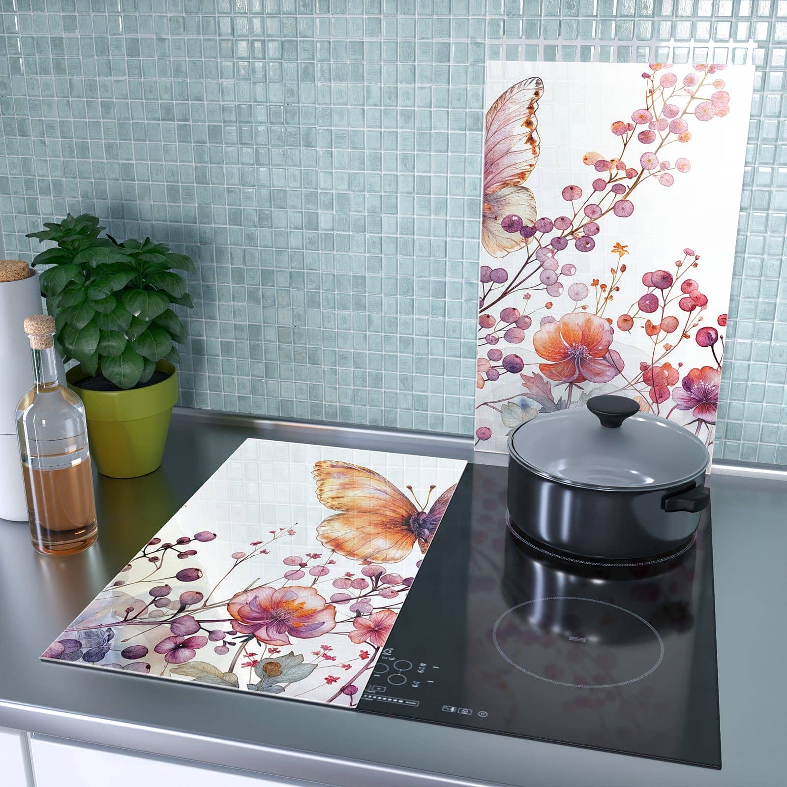 2-teilige Abdeckplatten für Ceranfeld mit Blumen und Schmetterlinge-Motiv als Spritzschutz hinter dem Kochfeld