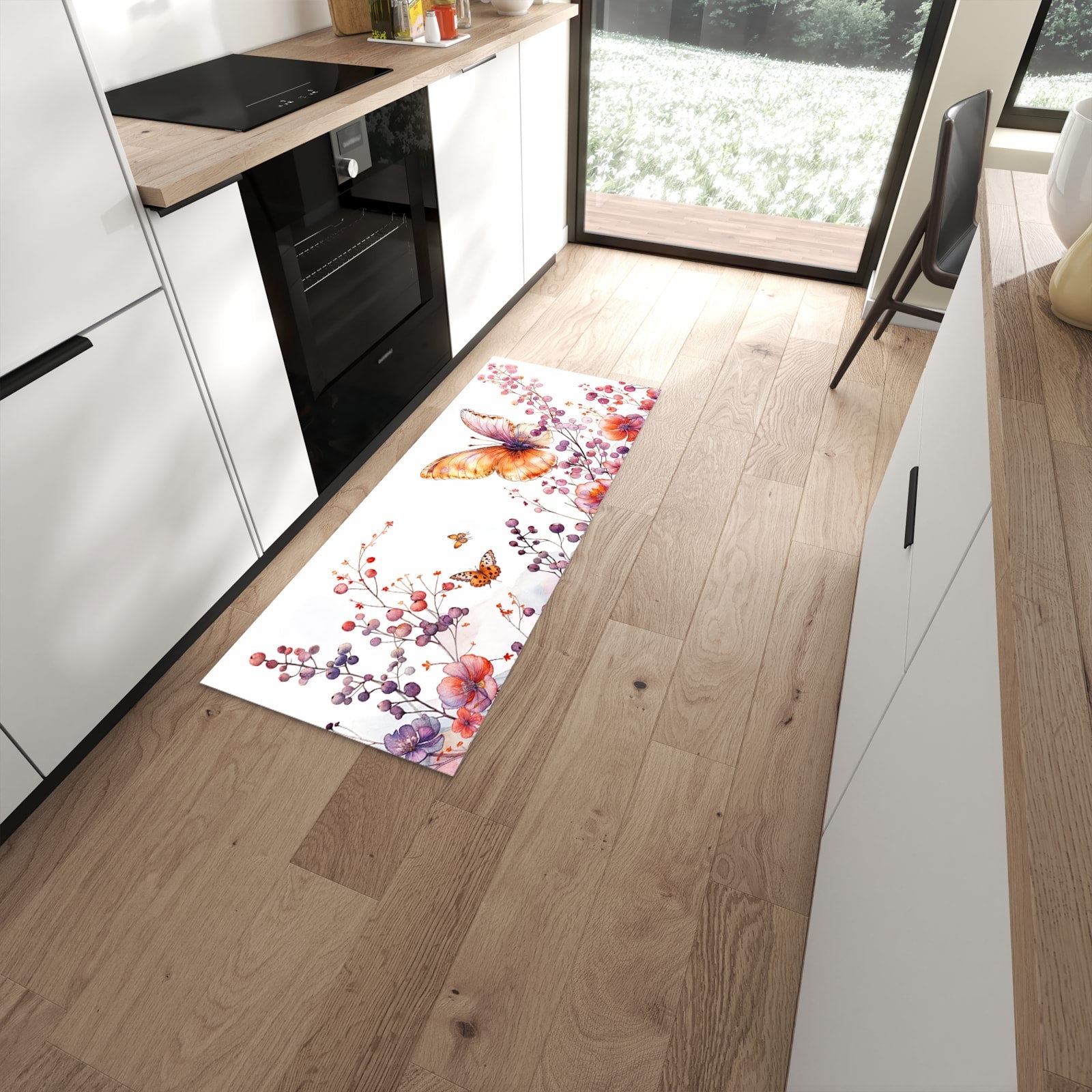 Zeitsparender Küchenläufer nach Maß mit Motiv Blumen und Schmetterlinge in moderner Küche #grösse_60 x 150 cm