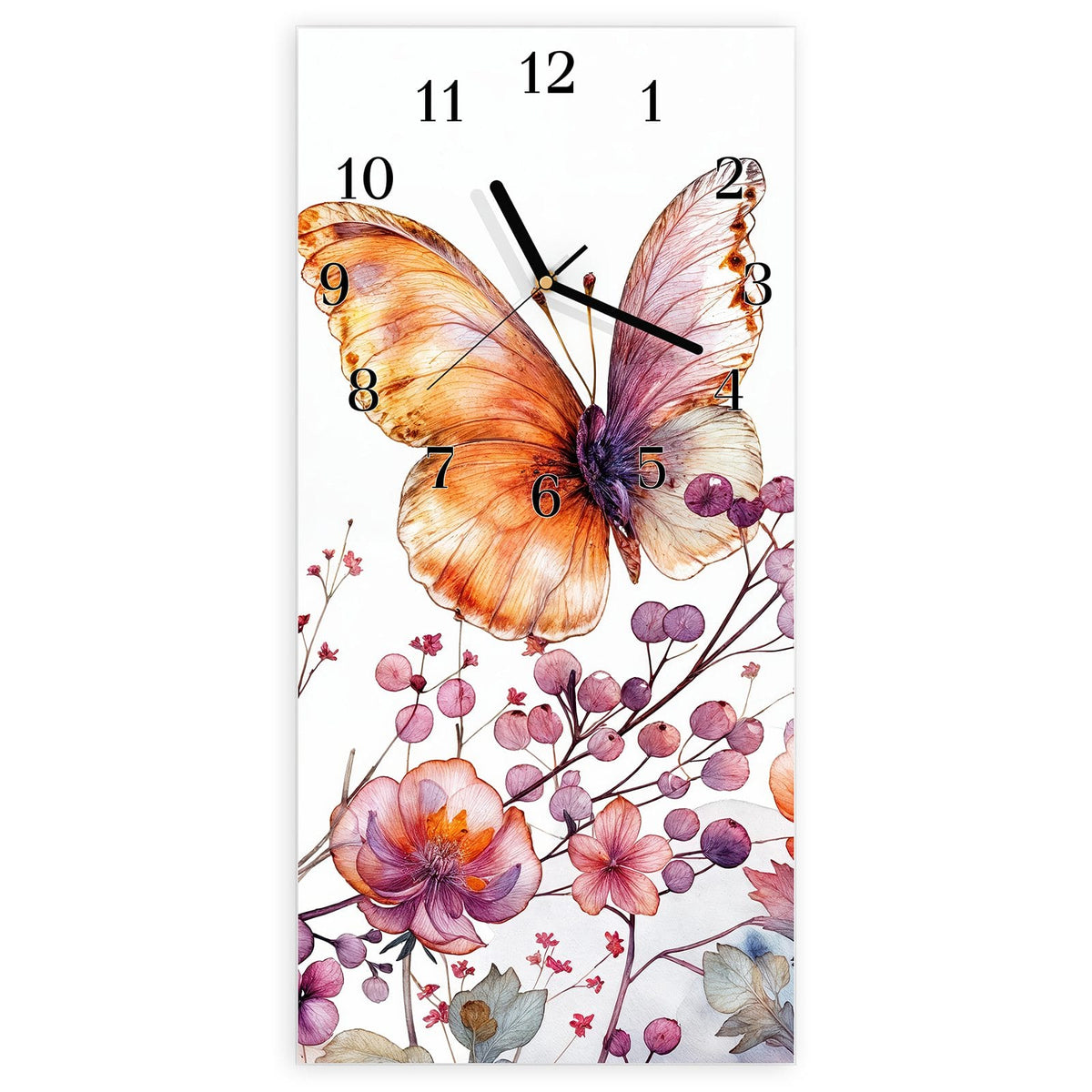 Wanduhr aus Glas, Ziffernblatt Klassisch mit Motiv Falter über Blüten: Ein großer oranger Schmetterling über rosa Blütenzweigen, Aquarell #ziffernblatt_Klassisch