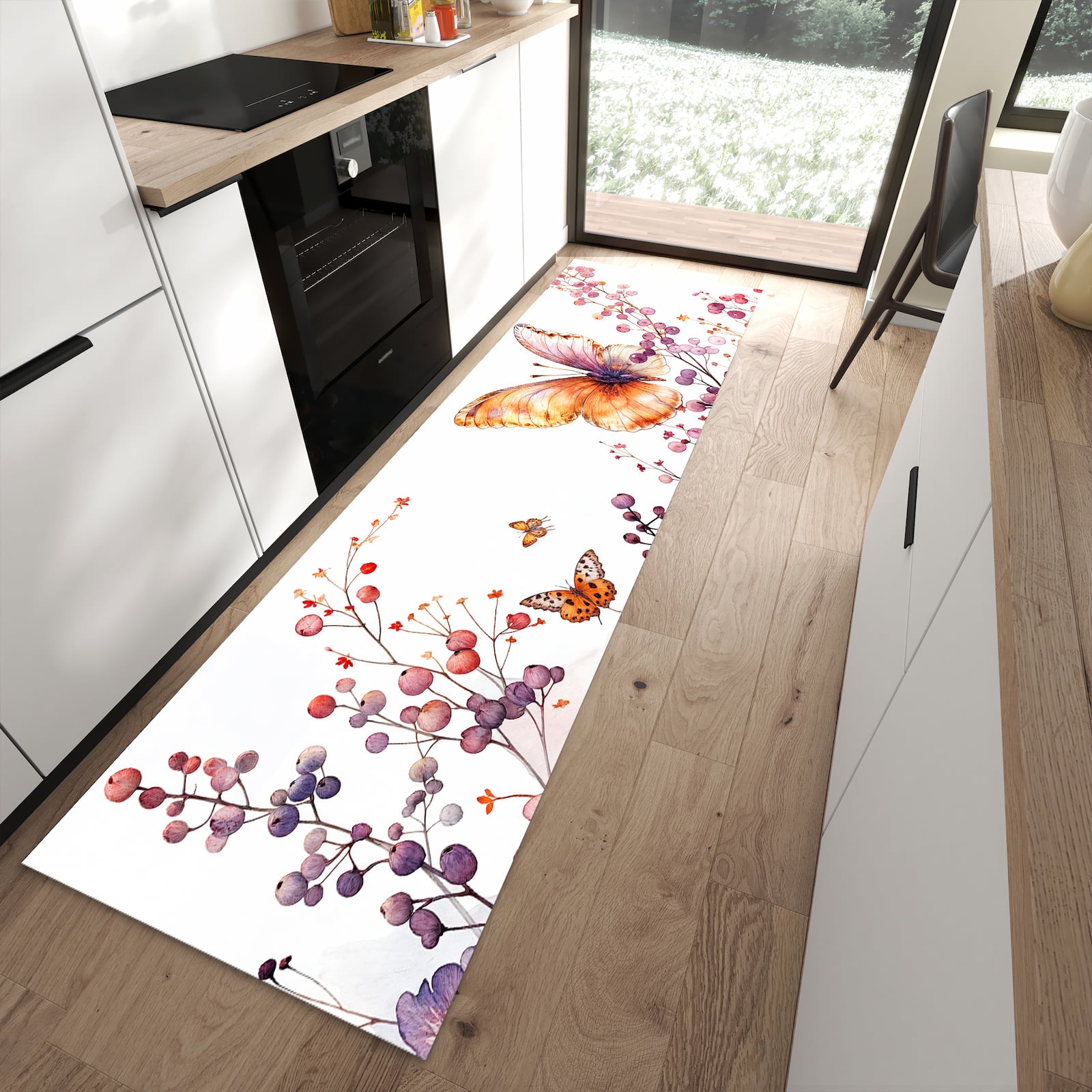 Geruchsneutraler Küchenteppich mit Motiv Blumen und Schmetterlinge in moderner Küche