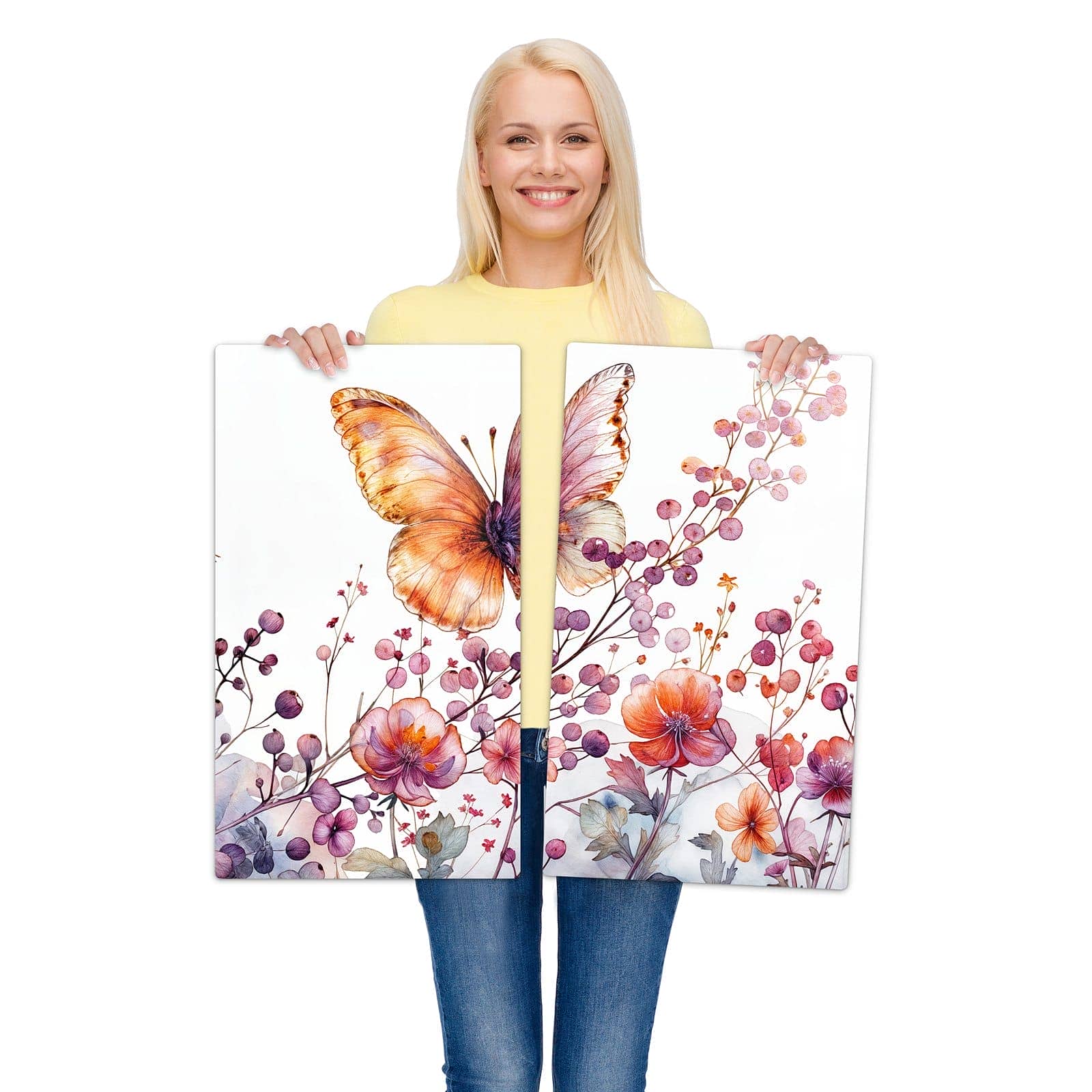 2-teilige Herdabdeckplatten aus Glas mit Blumen und Schmetterlinge-Motiv wird zur Größendarstellung gehalten