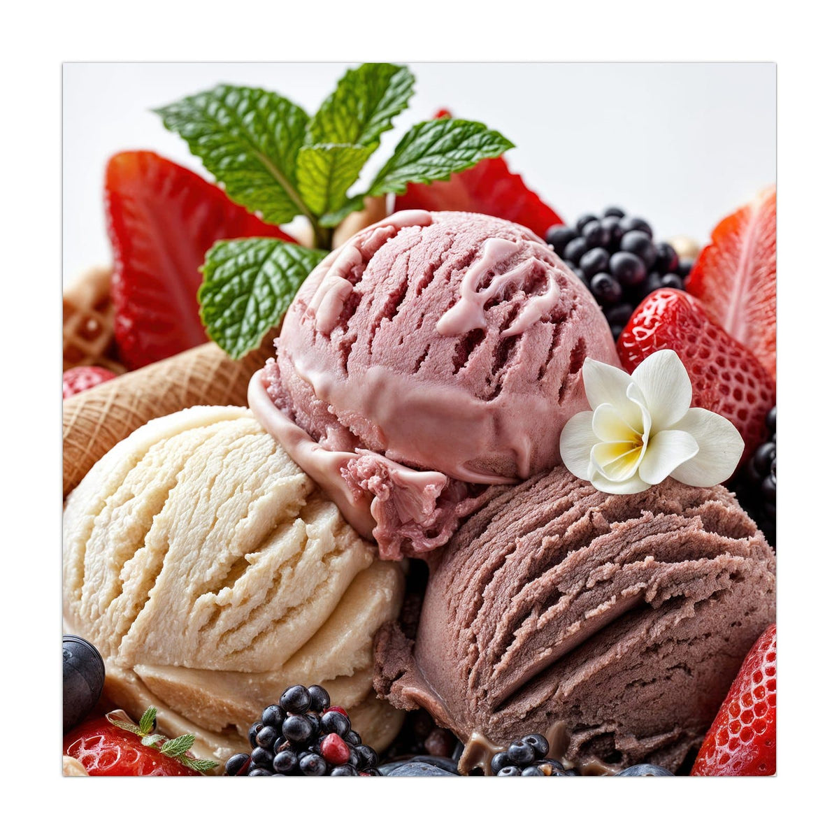 Küchenrückwand aus Glas Eiskugeln mit Beeren im quadratischen Format, Motiv bildfüllend von vorn #grösse_40 x 40 cm #grösse_50 x 50 cm #grösse_60 x 60 cm