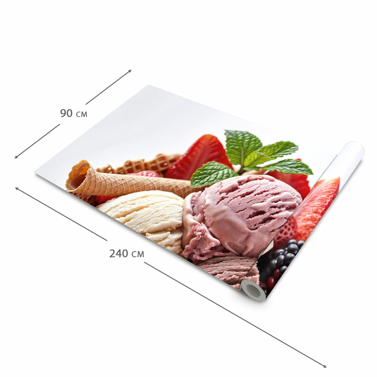 Strapazierfähiger waschbarer Küchenläufer mit Motiv Eiswaffelmit Obst in der Grösse 60x150 cm
