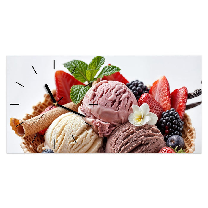 Wanduhr Eiswaffelmit Obst aus Glas – Querformat 60 × 30 cm mit Ziffernblatt Linie