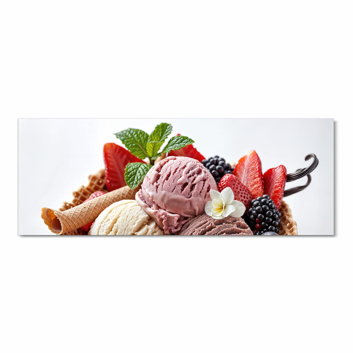 Langlebiger waschbarer Küchenteppich mit Motiv Eiswaffelmit Obst in Frontansicht