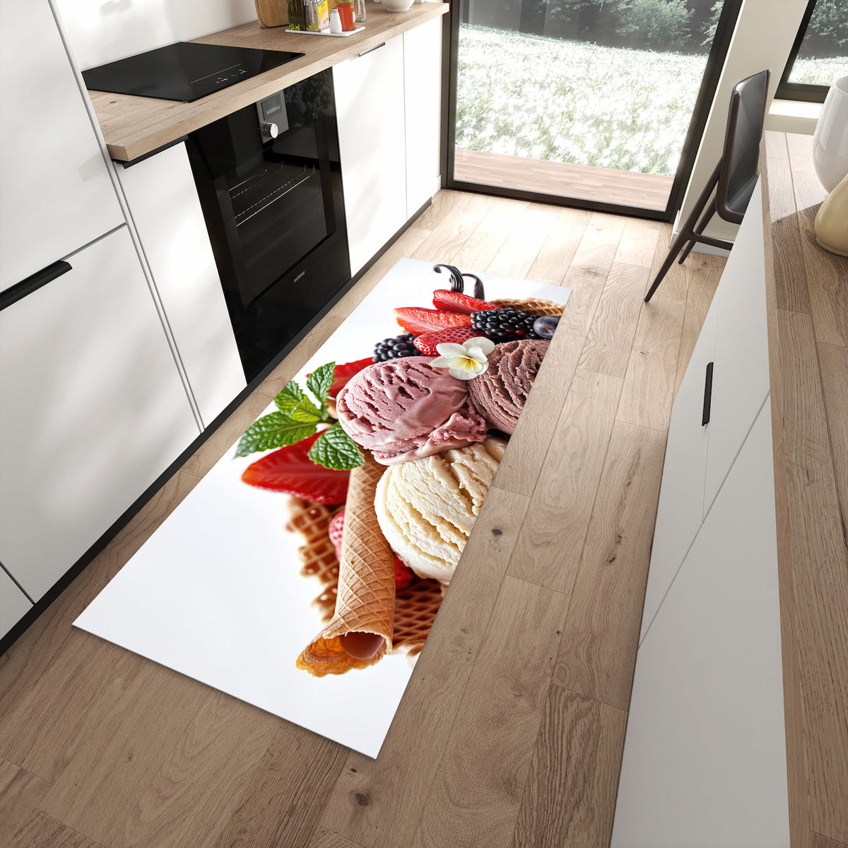Feuchtigkeitsresistenter Küchenläufer mit Motiv Eiswaffelmit Obst in moderner Küche
