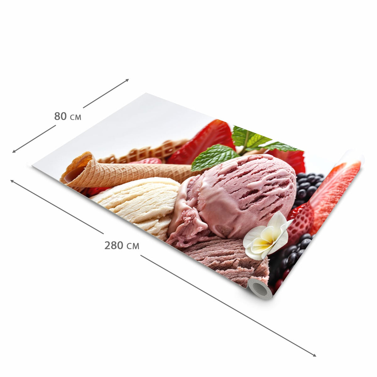 Pflegeleichter Küchenläufer mit Motiv Eiswaffelmit Obst in der Grösse 60x150 cm
