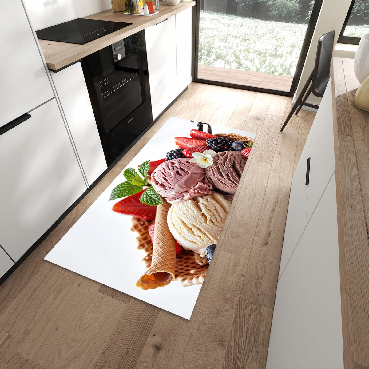 Farbbeständiger waschbarer Küchenläufer mit Motiv Eiswaffelmit Obst in moderner Küche
