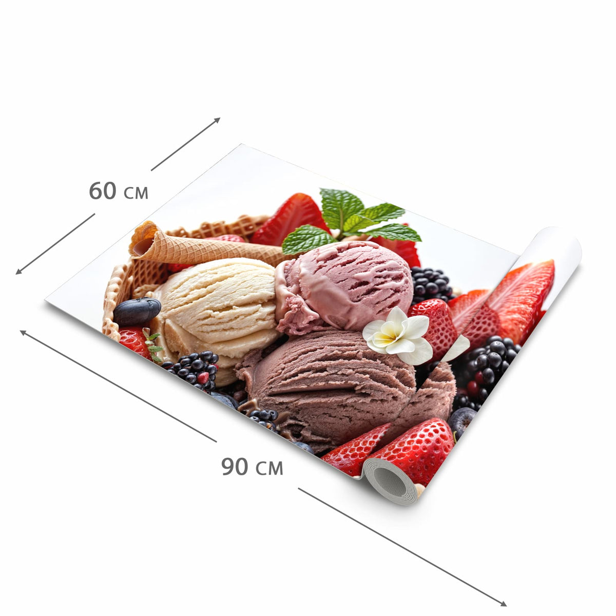 Pflegeleichter Küchenvorleger mit Motiv Eiswaffelmit Obst in der Größe 60x150 cm