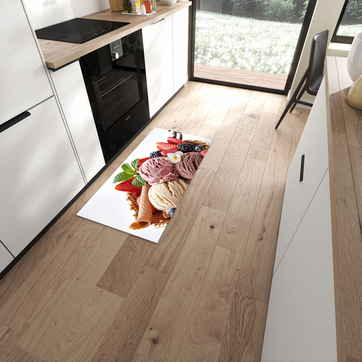 Leicht zu reinigender Küchenteppich mit Motiv Eiswaffelmit Obst in moderner Küche #grösse_60 x 120 cm