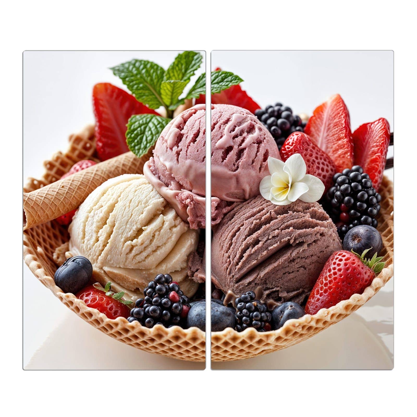 2-teilige Herdabdeckplatte mit Eiswaffelmit Obst-Motiv in der Frontansicht