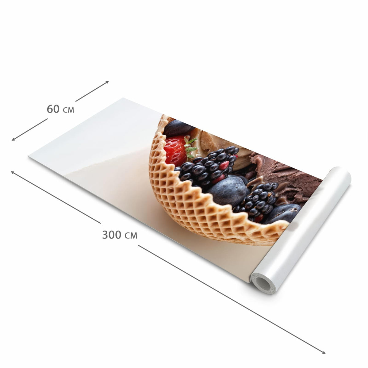 Flacher Küchenteppich mit Motiv Eiswaffelmit Obst in der Grösse 60x150 cm
