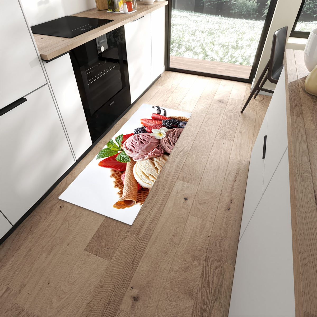 Küchenteppich mit Motiv Eiswaffelmit Obst für angenehmes Stehen in moderner Küche #grösse_60 x 150 cm