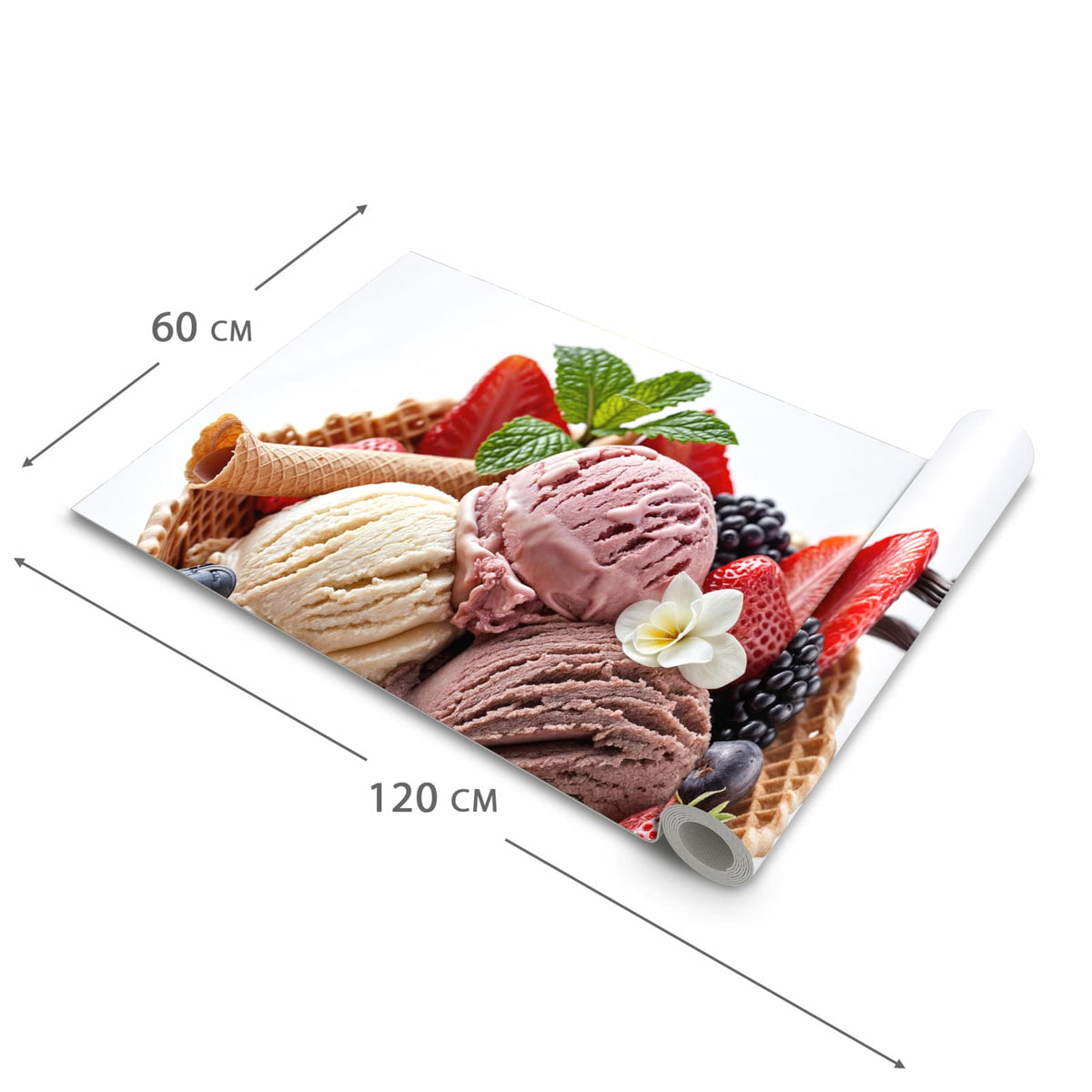 Wasserabweisender Küchenteppich mit Motiv Eiswaffelmit Obst in der Grösse 60x120 cm