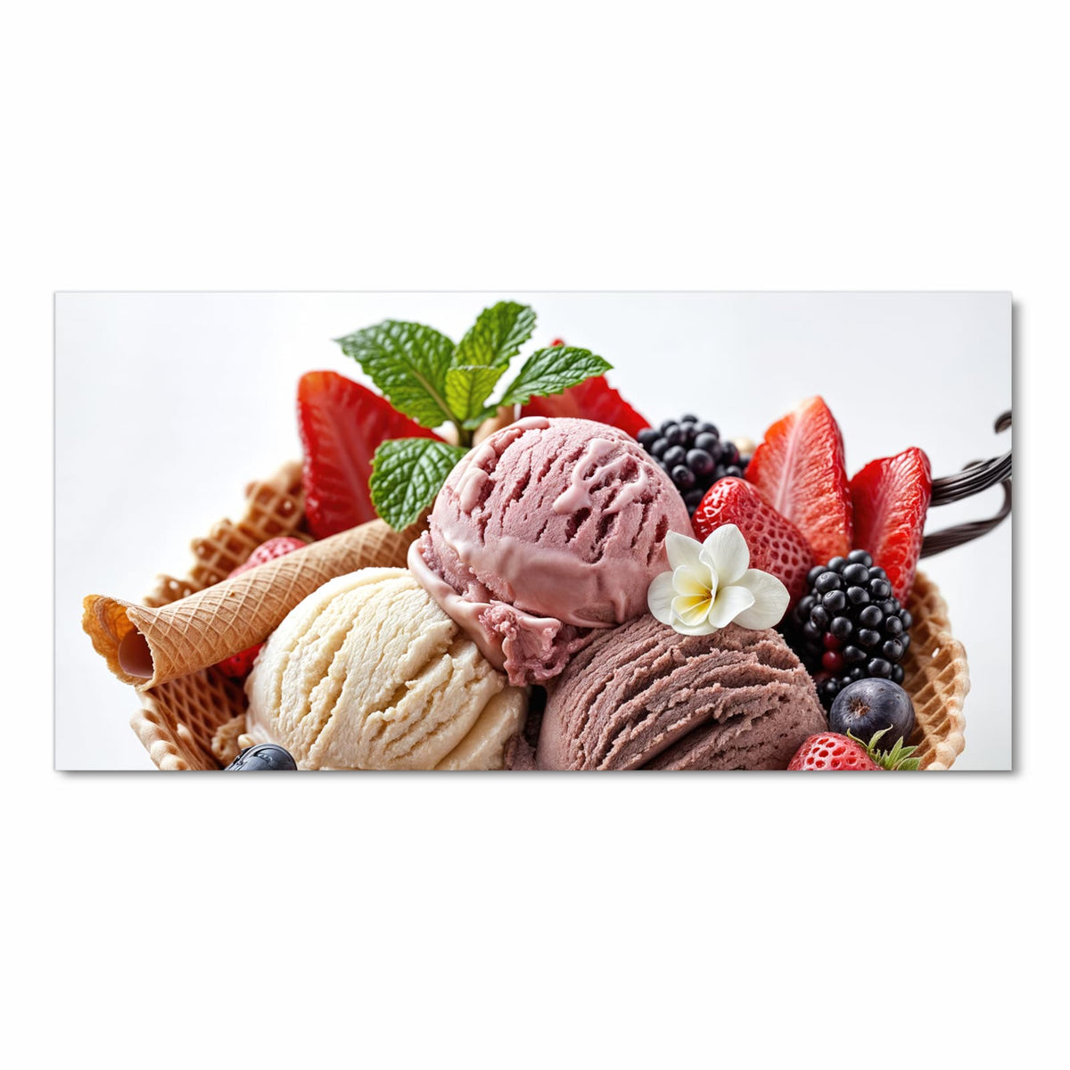 Waschbarer Teppich für Esstisch mit Motiv Eiswaffelmit Obst in Frontansicht sicher aufbewahrt