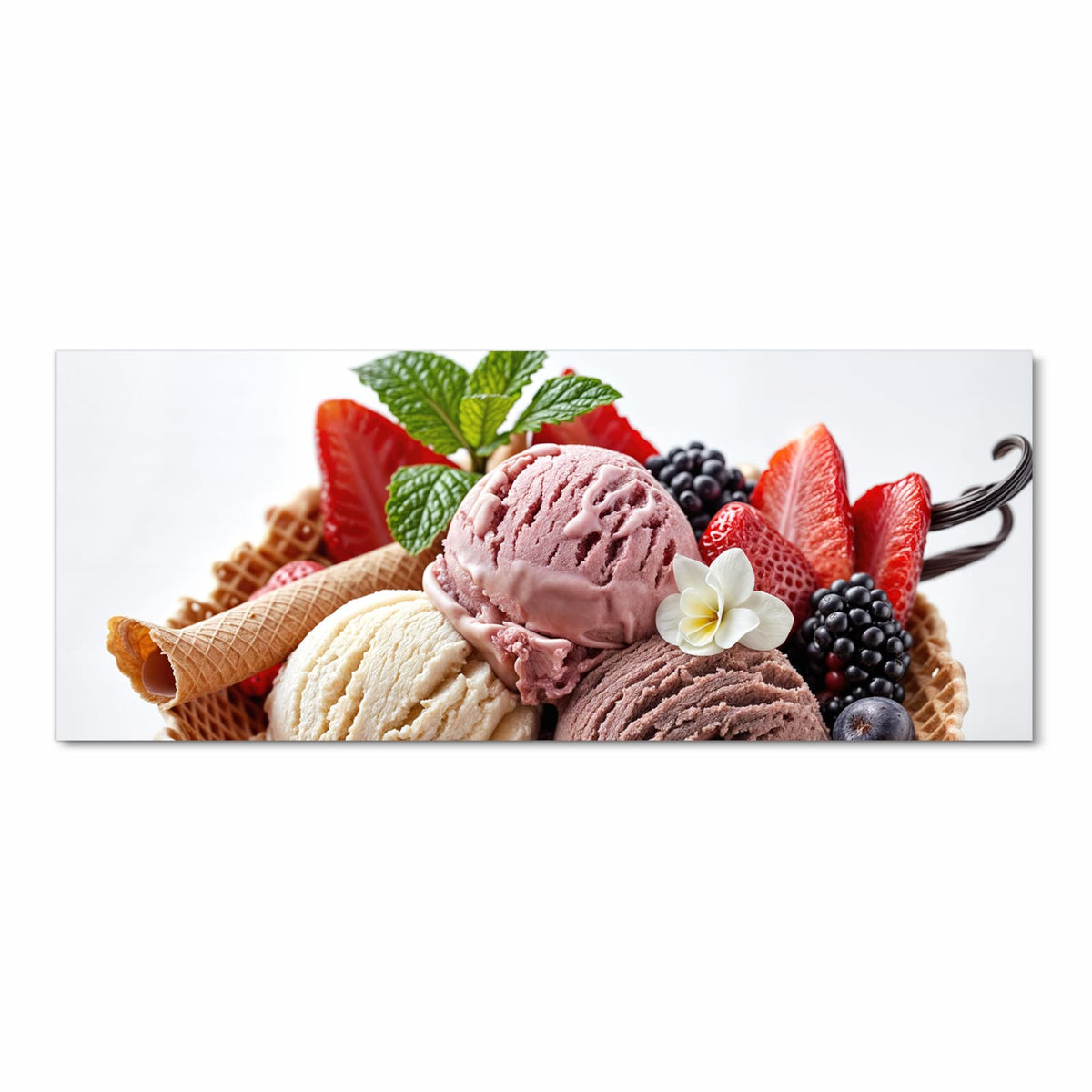 Zeitsparender rutschfester Küchenteppich mit Motiv Eiswaffelmit Obst in Frontansicht